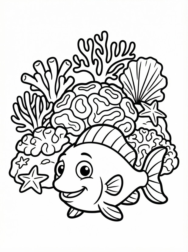 Free printable coloring page showing a colorful coral reef scene with fish and corals, perfect for kids to explore colors and learn about sea life