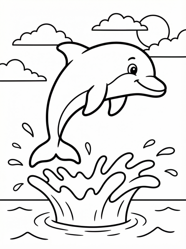 Free printable coloring page showing a dolphin jumping out of the water, perfect for kids to practice fine motor skills and creativity