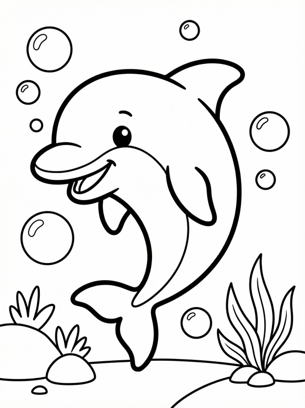 Free printable coloring page showing a cheerful dolphin swimming with bubbles, perfect for kids to practice focus and creativity