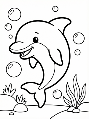 Free printable coloring page showing a cheerful dolphin swimming with bubbles, perfect for kids to practice focus and creativity