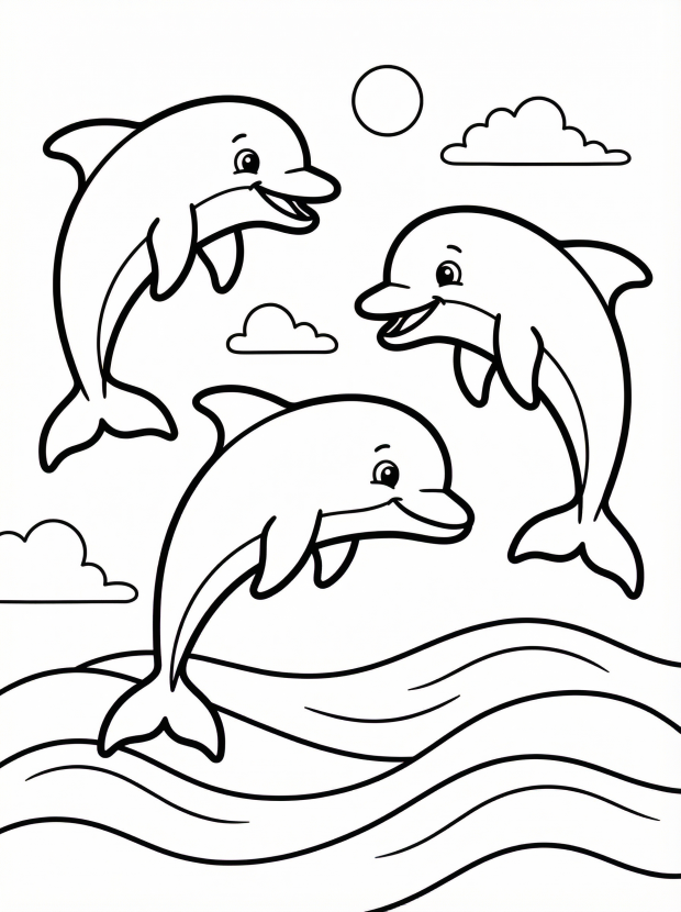 Free printable coloring page showing three playful dolphins jumping over waves, perfect for kids to practice coloring and fine motor skills