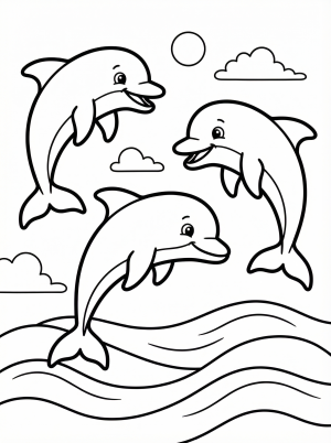 Free printable coloring page showing three playful dolphins jumping over waves, perfect for kids to practice coloring and fine motor skills