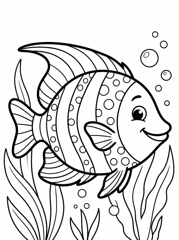 Free printable coloring page showing a cheerful tropical fish with bubbles and seaweed, perfect for kids to practice coloring and creativity