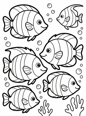 Free printable coloring page showing a school of tropical fish swimming among bubbles and seaweed, perfect for kids to practice color recognition and fine motor skills