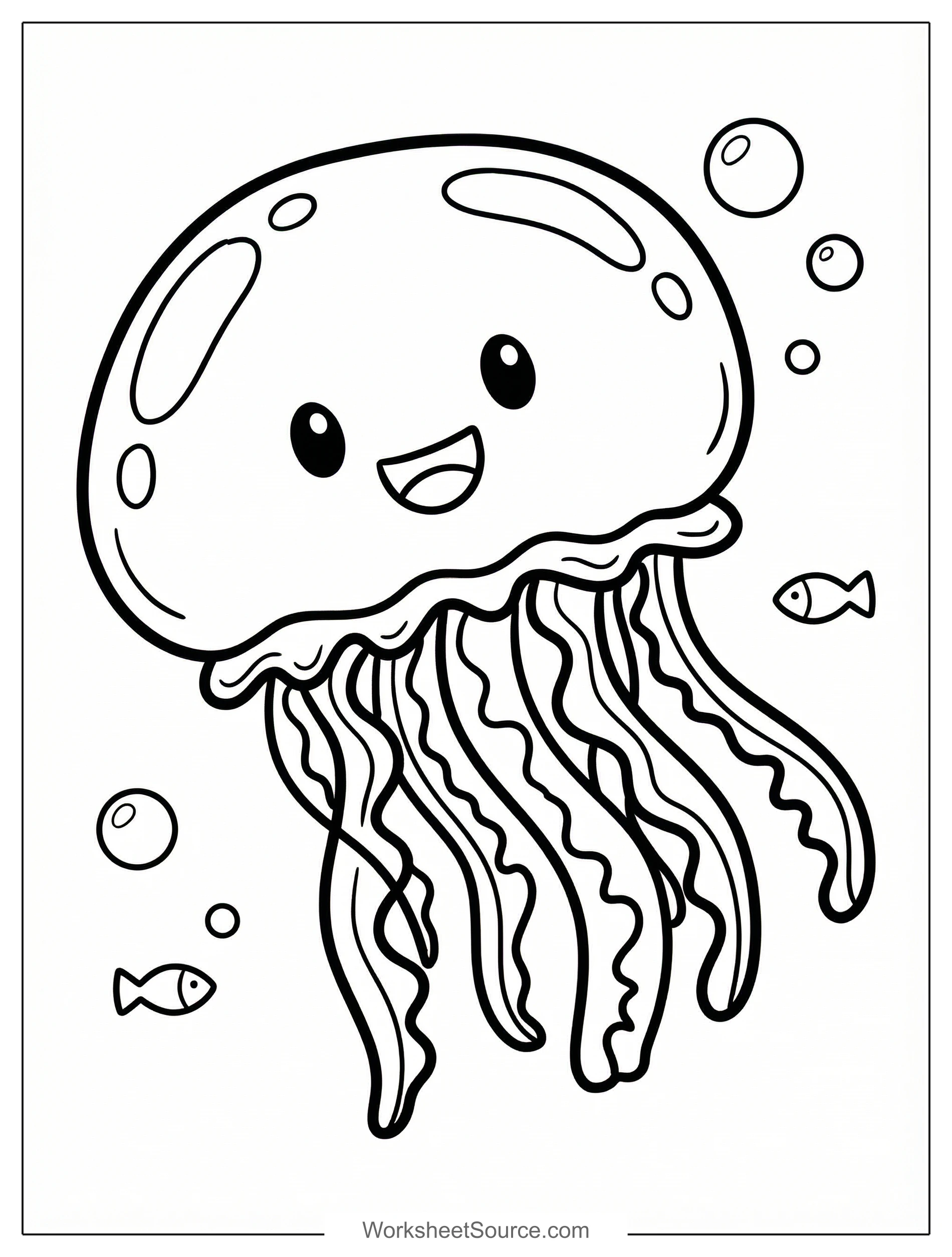 Free printable coloring page showing a happy jellyfish floating with long tentacles, perfect for kids to practice fine motor skills and creativity