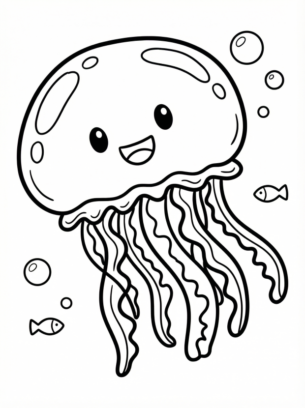 Free printable coloring page showing a happy jellyfish floating with long tentacles, perfect for kids to practice fine motor skills and creativity
