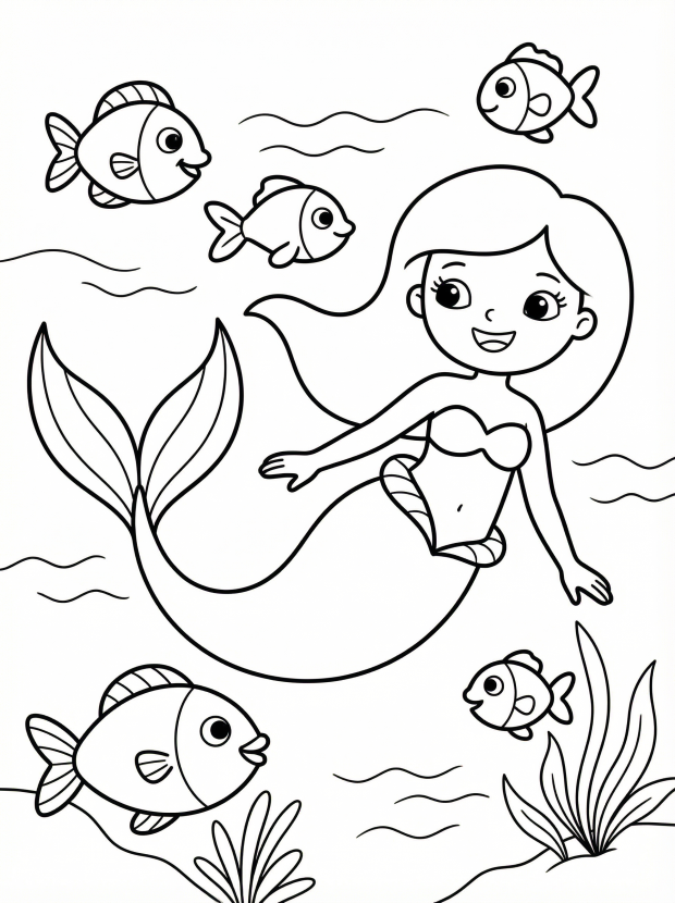 Free printable coloring page showing a mermaid swimming underwater with fish, perfect for kids to practice creativity and fine motor skills