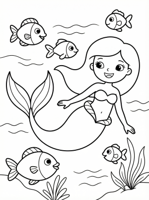 Free printable coloring page showing a mermaid swimming underwater with fish, perfect for kids to practice creativity and fine motor skills