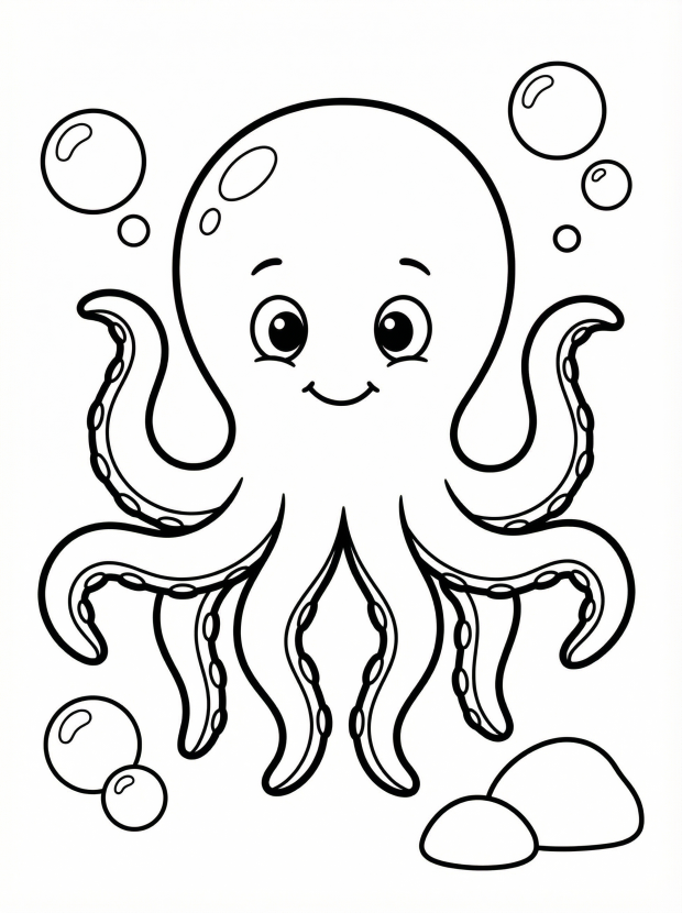 Free printable coloring page showing an octopus with eight tentacles, perfect for kids to practice coloring and learn about sea creatures