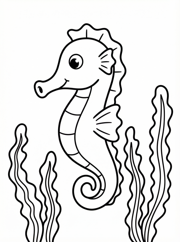 Free printable coloring page showing a seahorse among seaweed, perfect for kids to practice coloring and fine motor skills