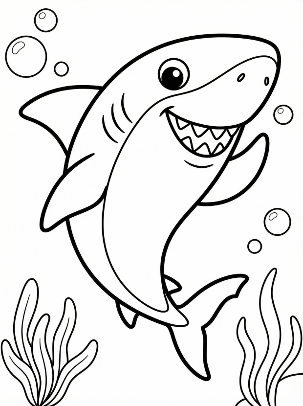 Free printable coloring page showing a smiling shark swimming among bubbles and seaweed, perfect for kids to practice fine motor skills and creativity