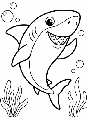 Free printable coloring page showing a smiling shark swimming among bubbles and seaweed, perfect for kids to practice fine motor skills and creativity