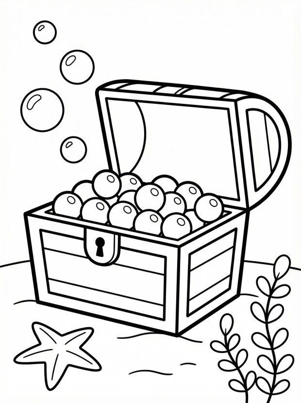 Free printable coloring page showing an open underwater treasure chest filled with pearls, perfect for kids to practice coloring and explore ocean themes