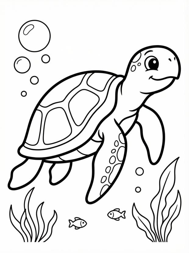 Free printable coloring page showing a sea turtle swimming gracefully, perfect for kids to practice fine motor skills and learn about marine life