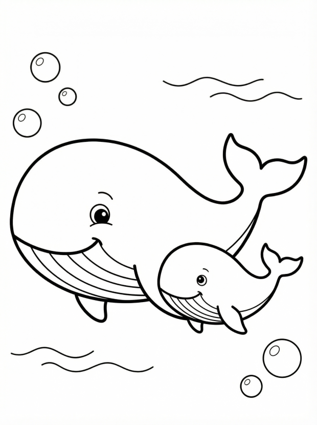 Free printable coloring page showing a baby whale with its mom swimming, perfect for kids to practice fine motor skills and creativity