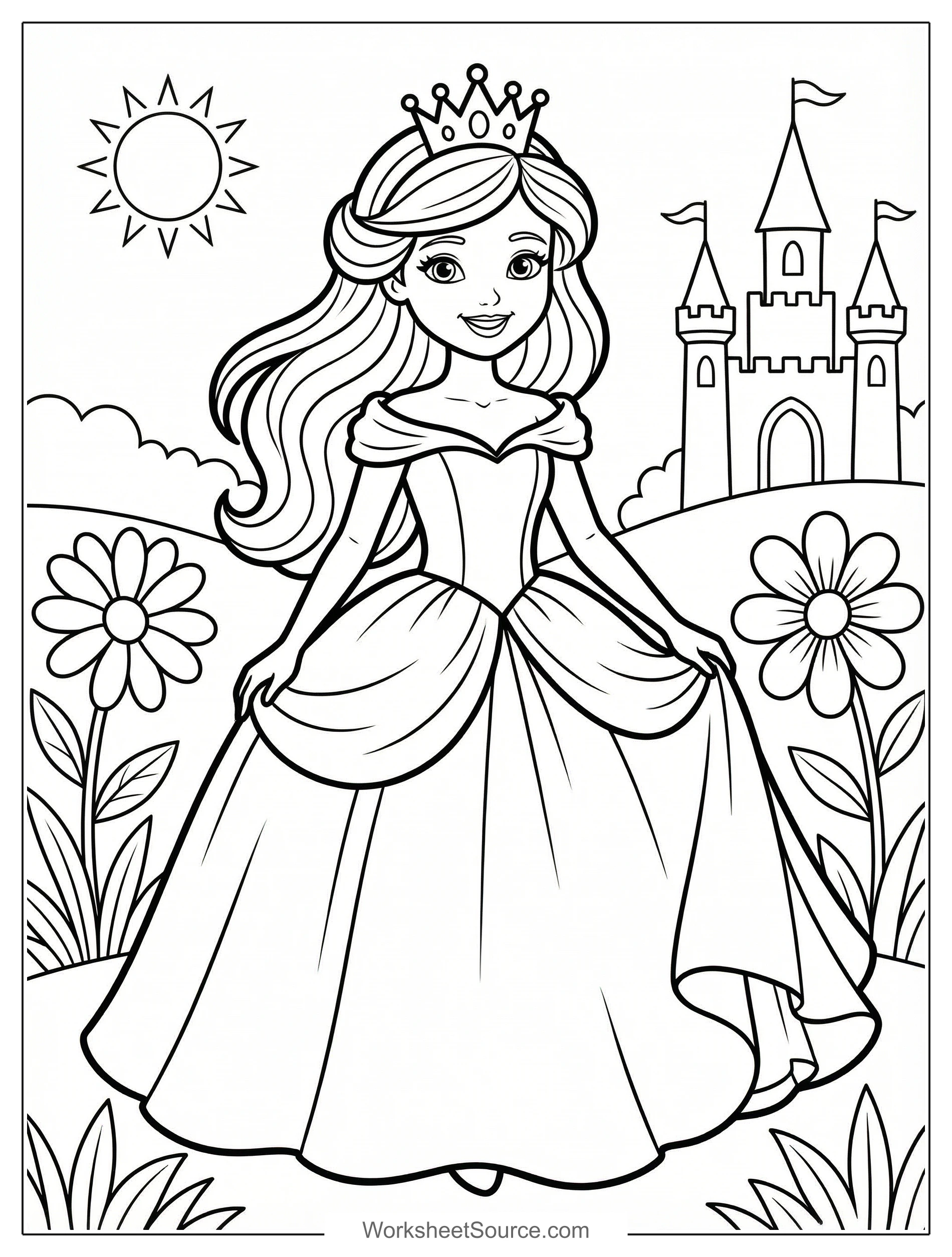 Free printable coloring page showing a beautiful princess in an elegant gown with a castle backdrop, perfect for kids to practice fine motor skills and creativity