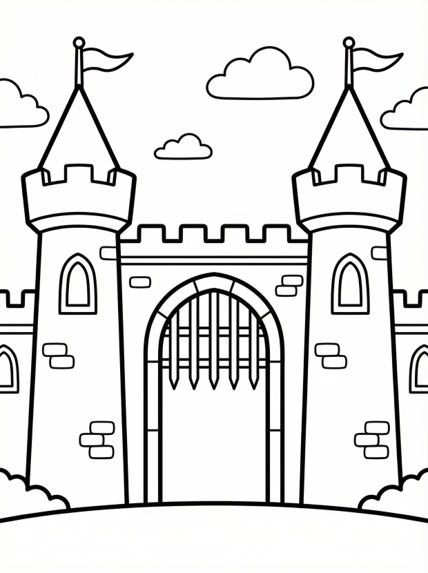 Free printable coloring page showing a castle gate with towers and clouds, perfect for kids to practice coloring and spark imagination