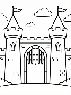 Free printable coloring page showing a castle gate with towers and clouds, perfect for kids to practice coloring and spark imagination