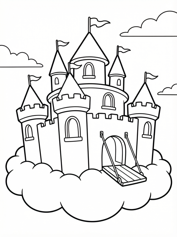 Free printable coloring page showing a castle sitting on fluffy clouds, perfect for kids to practice coloring and imagination