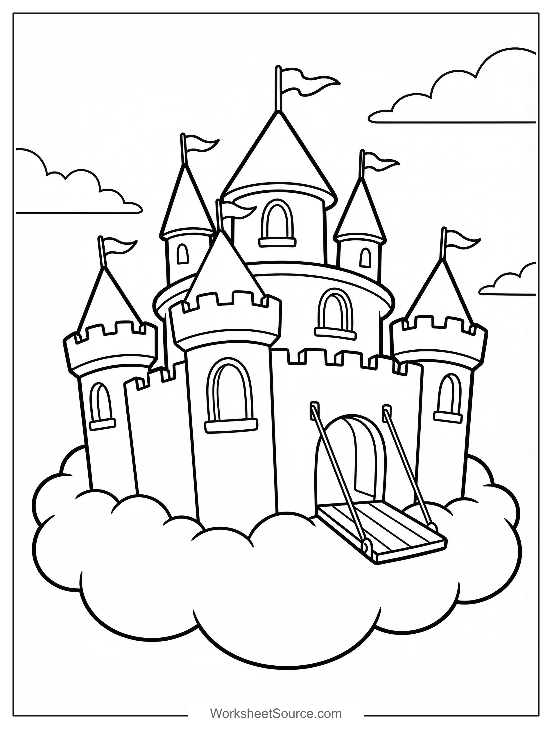 Free printable coloring page showing a castle sitting on fluffy clouds, perfect for kids to practice coloring and imagination