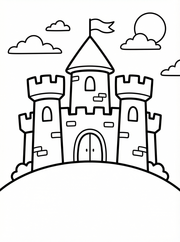 Free printable coloring page showing a castle on a hill with towers and clouds, perfect for kids to practice fine motor skills and creativity