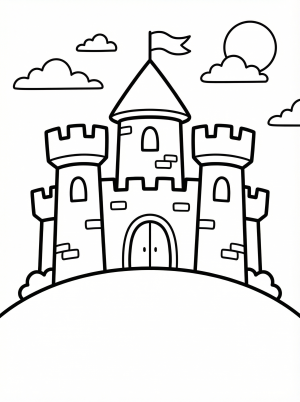 Free printable coloring page showing a castle on a hill with towers and clouds, perfect for kids to practice fine motor skills and creativity