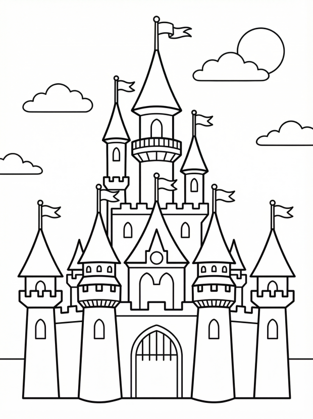 Free printable coloring page showing a detailed castle with towers and flags, perfect for kids to practice fine motor skills and color recognition