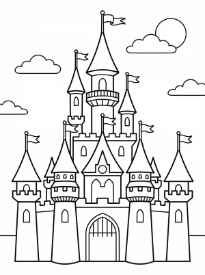 Free printable coloring page showing a detailed castle with towers and flags, perfect for kids to practice fine motor skills and color recognition