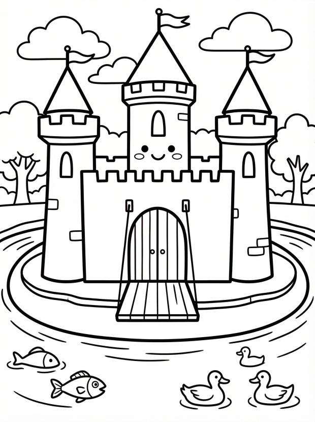 Free printable coloring page showing a castle with moat, perfect for kids to practice coloring and creativity