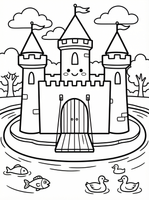 Free printable coloring page showing a castle with moat, perfect for kids to practice coloring and creativity