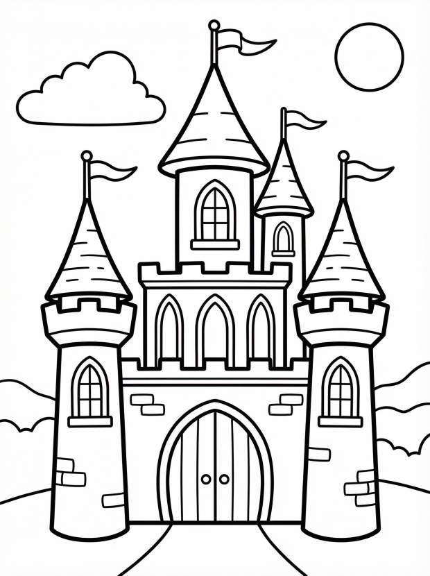 Free printable coloring page showing a fairy tale castle with towers and flags, perfect for kids to practice creativity and fine motor skills