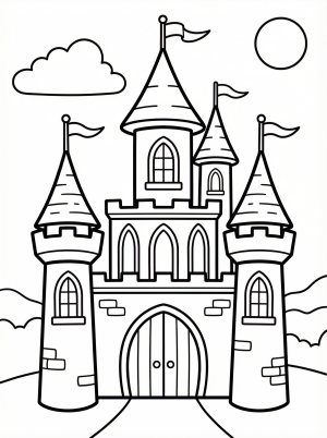 Free printable coloring page showing a fairy tale castle with towers and flags, perfect for kids to practice creativity and fine motor skills
