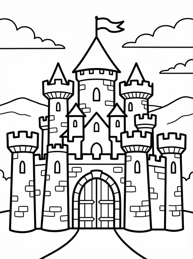 Free printable coloring page showing a medieval castle with towers and a gate, perfect for kids to practice coloring and boost creativity