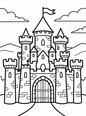 Free printable coloring page showing a medieval castle with towers and a gate, perfect for kids to practice coloring and boost creativity