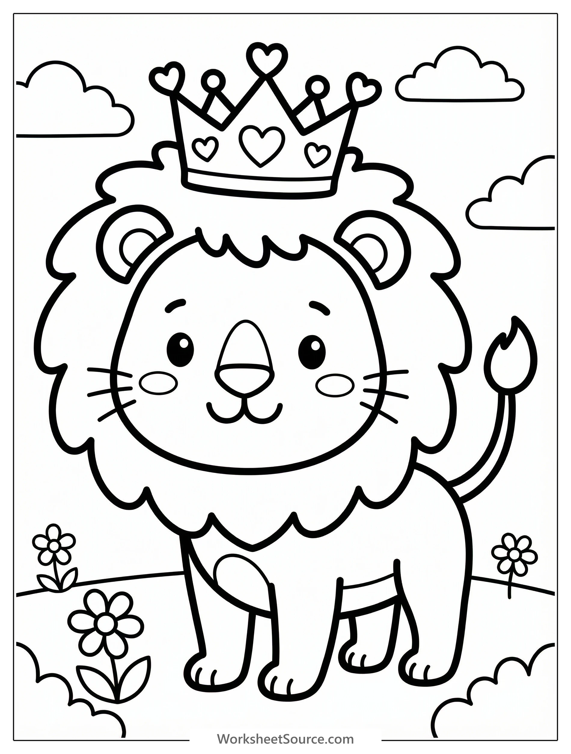 A line art illustration of a regal crown adorned with multiple heart shapes and sparkling gems, ready for coloring. Features a central large heart.