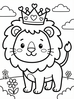 Free printable coloring page showing a lion with a heart crown, perfect for kids to practice coloring and spark imaginative play