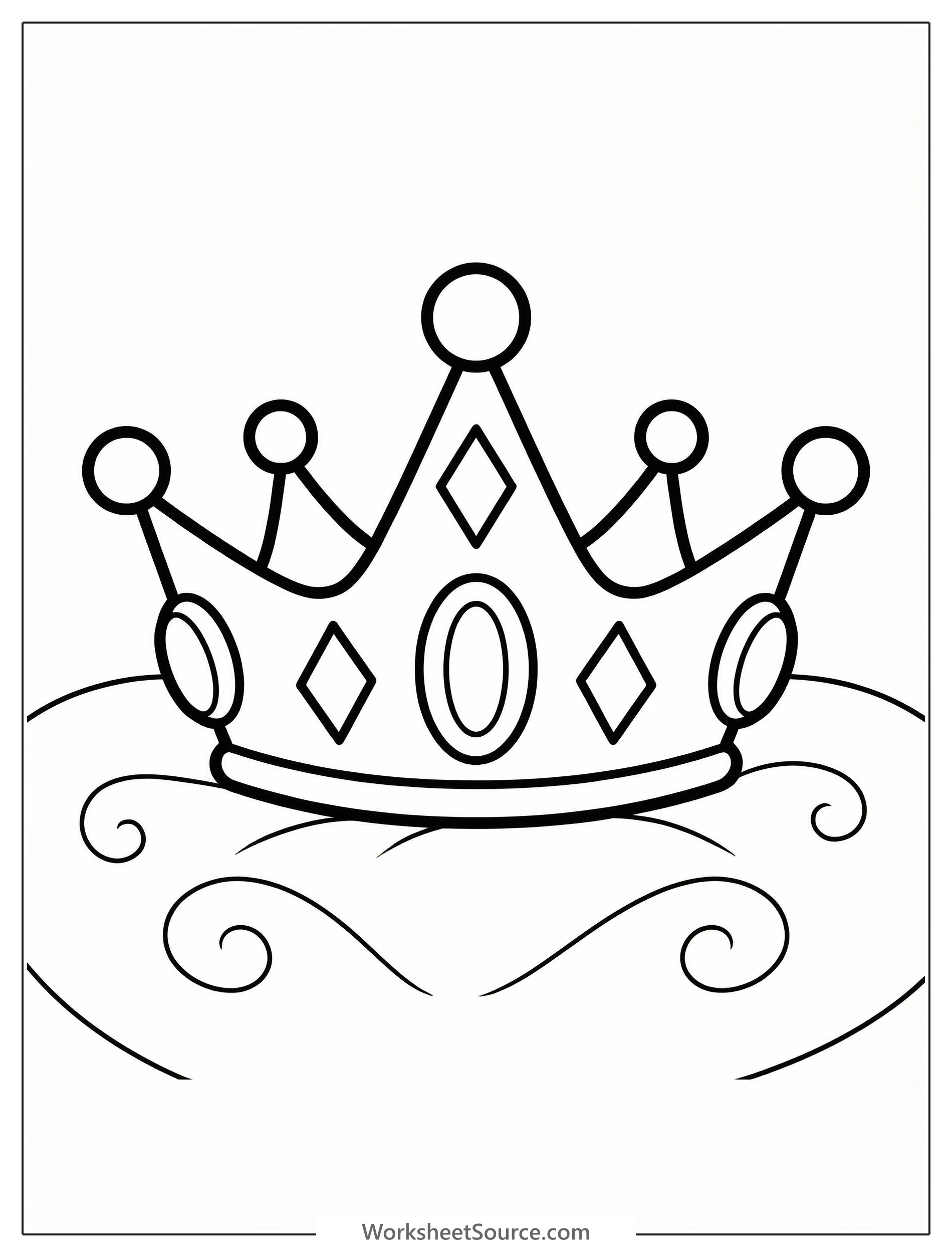 An intricately drawn princess crown coloring page featuring a large, central oval jewel surrounded by many smaller sparkling gems and decorative flourishes.