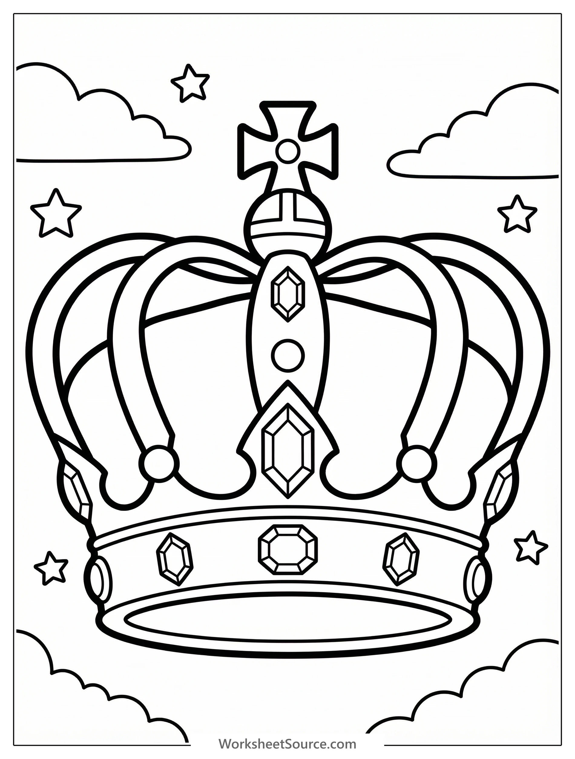 Intricately detailed coloring page featuring a majestic queen's crown with sparkling jewels, ornate filigree, and a plush base. Ready for creative coloring.