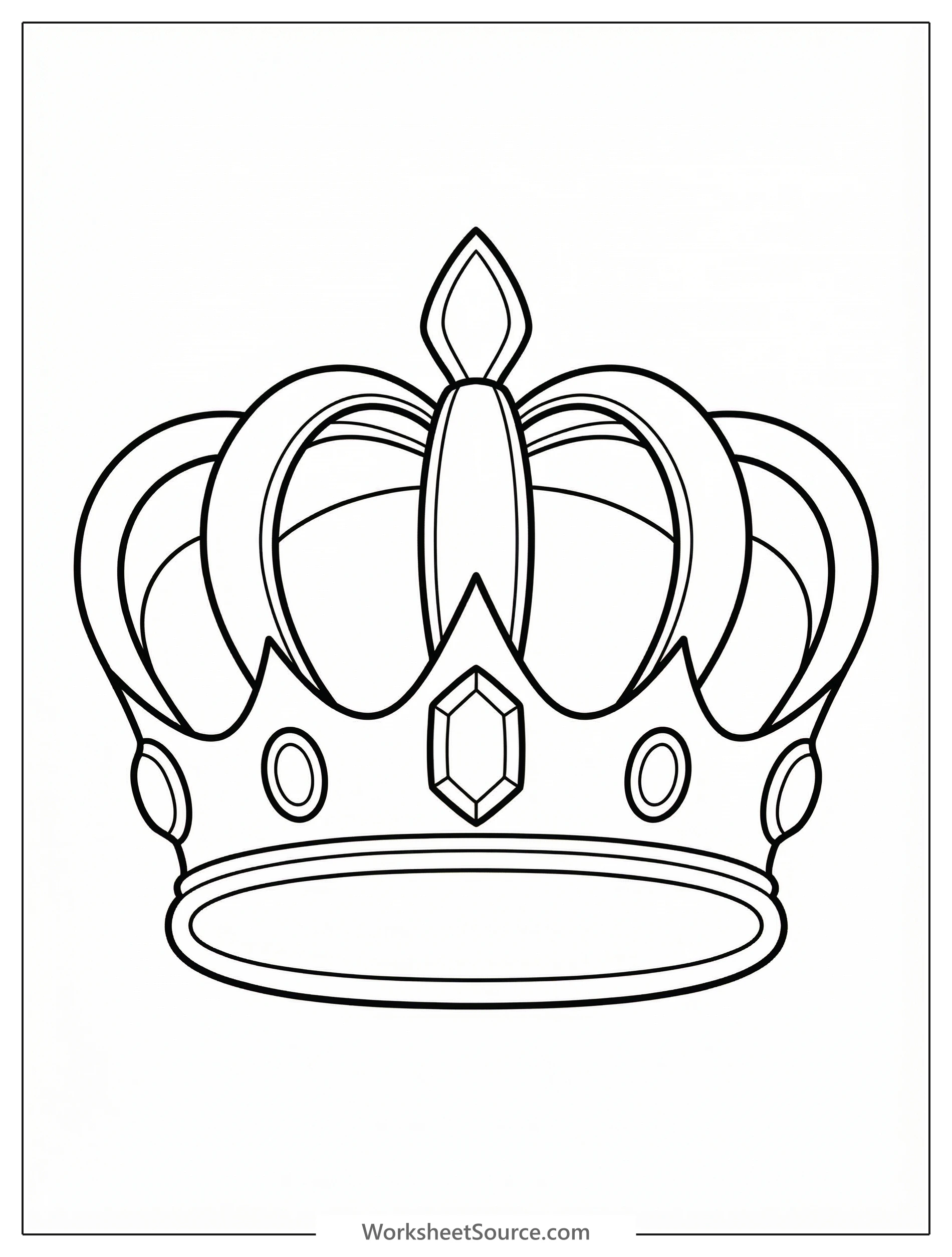 Outline drawing of a simple and elegant crown, featuring a curved band with three points, each topped with a small circle. Ready for coloring.