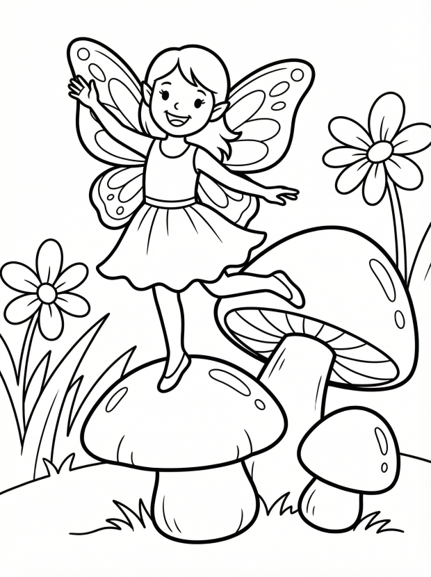 Free printable coloring page showing a fairy dancing on mushrooms, perfect for kids to practice fine motor skills and imaginative play