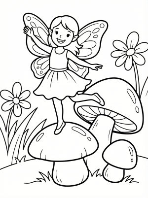 Free printable coloring page showing a fairy dancing on mushrooms, perfect for kids to practice fine motor skills and imaginative play