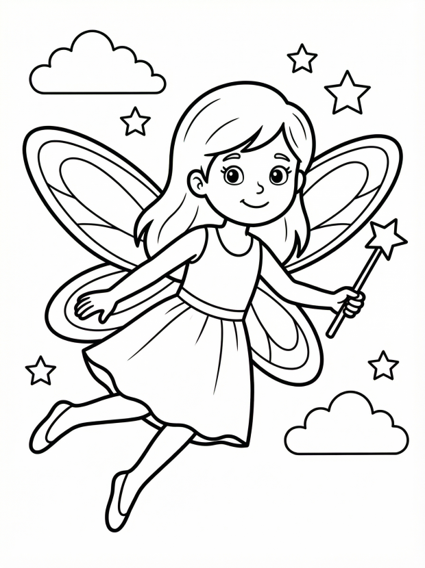 Free printable coloring page showing a fairy flying with wings and a wand, perfect for kids to practice coloring and creativity