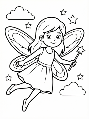 Free printable coloring page showing a fairy flying with wings and a wand, perfect for kids to practice coloring and creativity