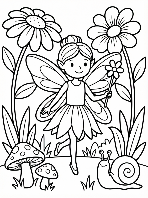 Free printable coloring page showing a fairy in a garden with flowers and a snail, perfect for kids to practice fine motor skills and creativity