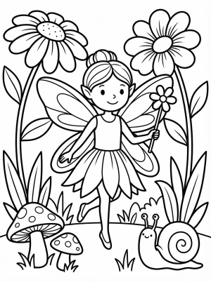 Free printable coloring page showing a fairy in a garden with flowers and a snail, perfect for kids to practice fine motor skills and creativity