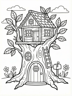 Free printable coloring page showing a fairy house built in a tree, perfect for kids to practice coloring details and spark imagination