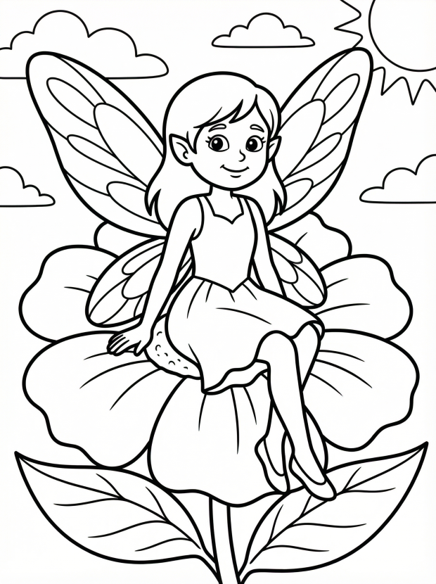 Free printable coloring page showing a fairy sitting on a flower, perfect for kids to practice coloring and imagination