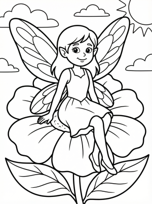 Free printable coloring page showing a fairy sitting on a flower, perfect for kids to practice coloring and imagination