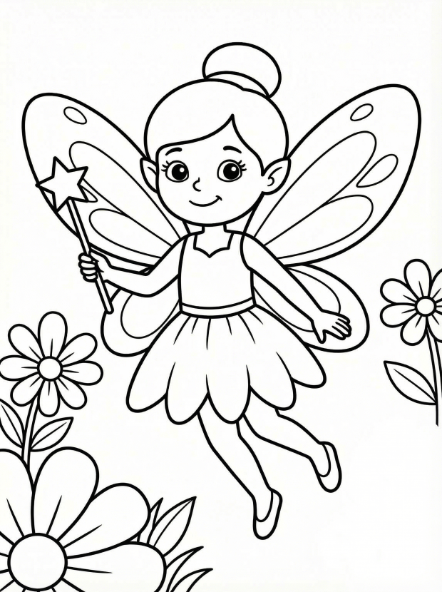Free printable coloring page showing a fairy with magical wings and a wand, perfect for kids to practice coloring and creativity