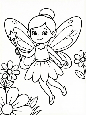Free printable coloring page showing a fairy with magical wings and a wand, perfect for kids to practice coloring and creativity